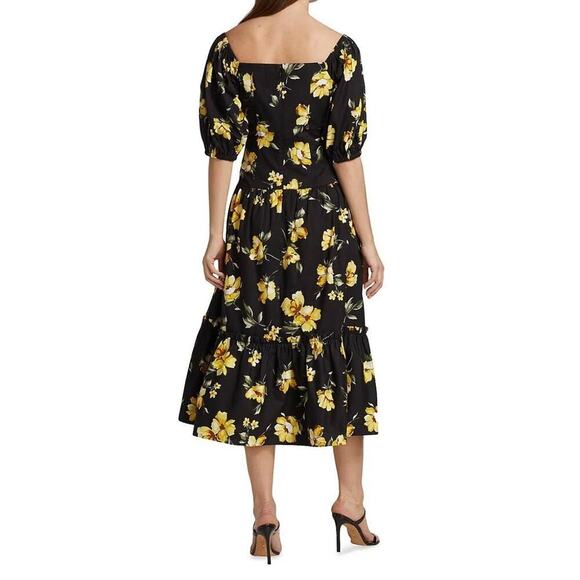 Teri Jon By Rickie Freeman Midi Dress 16 Black Yellow Roses Tiered Summer - Picture 4 of 16